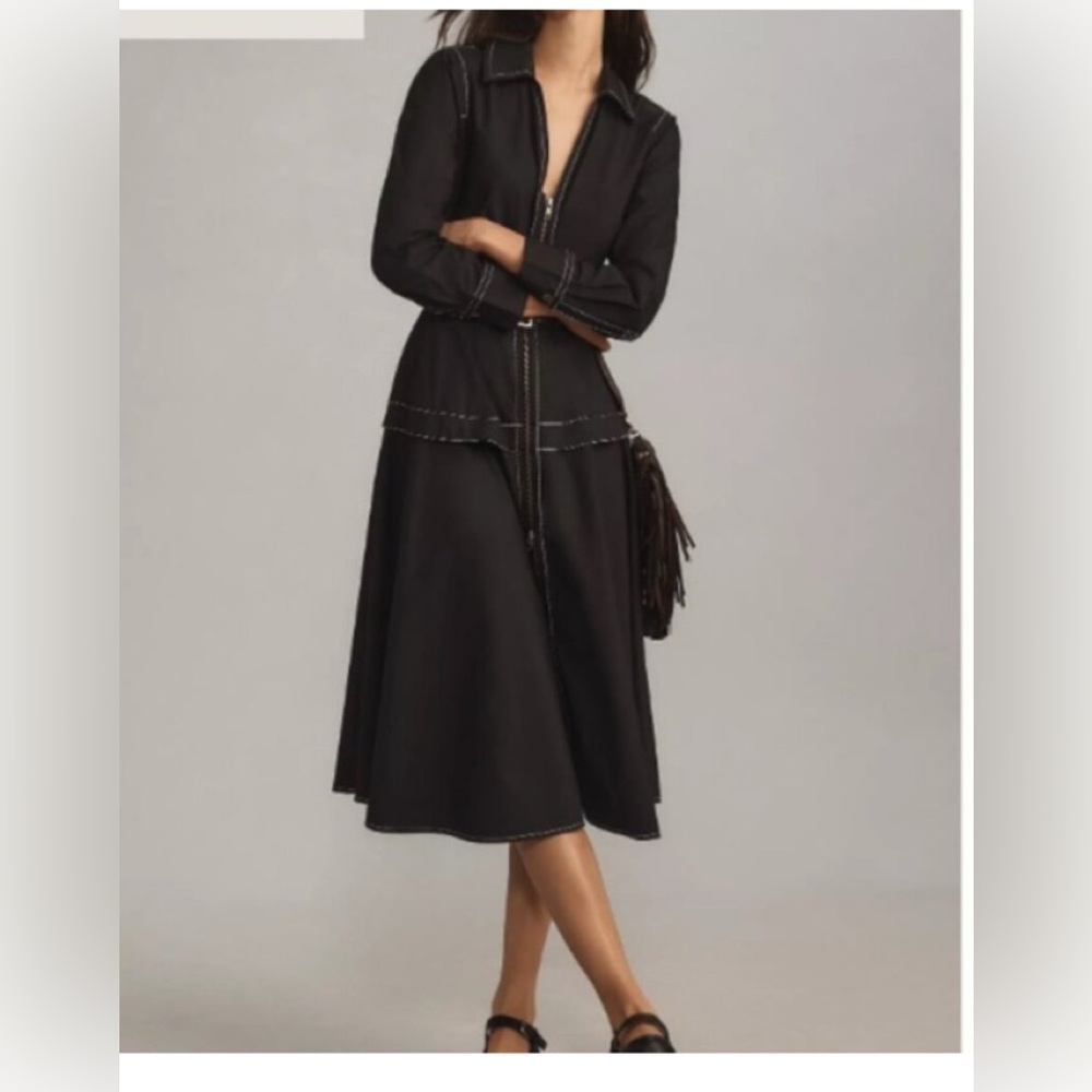 By Anthropologie Long-Sleeve dark blue Belted Front-Zip Midi Dress plus size 1x